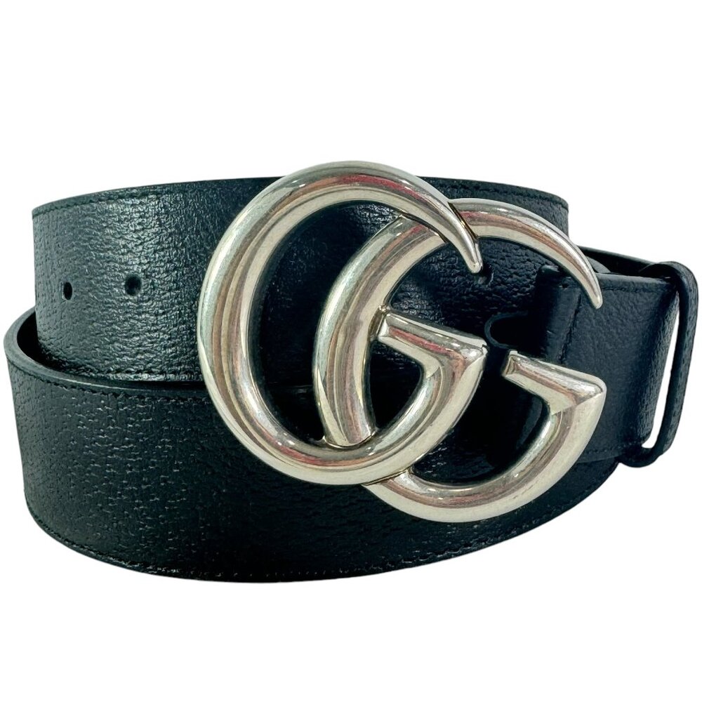 GUCCI Marmont Double GG Logo Buckle Black Leather Men Belt Made in Italy 100-40